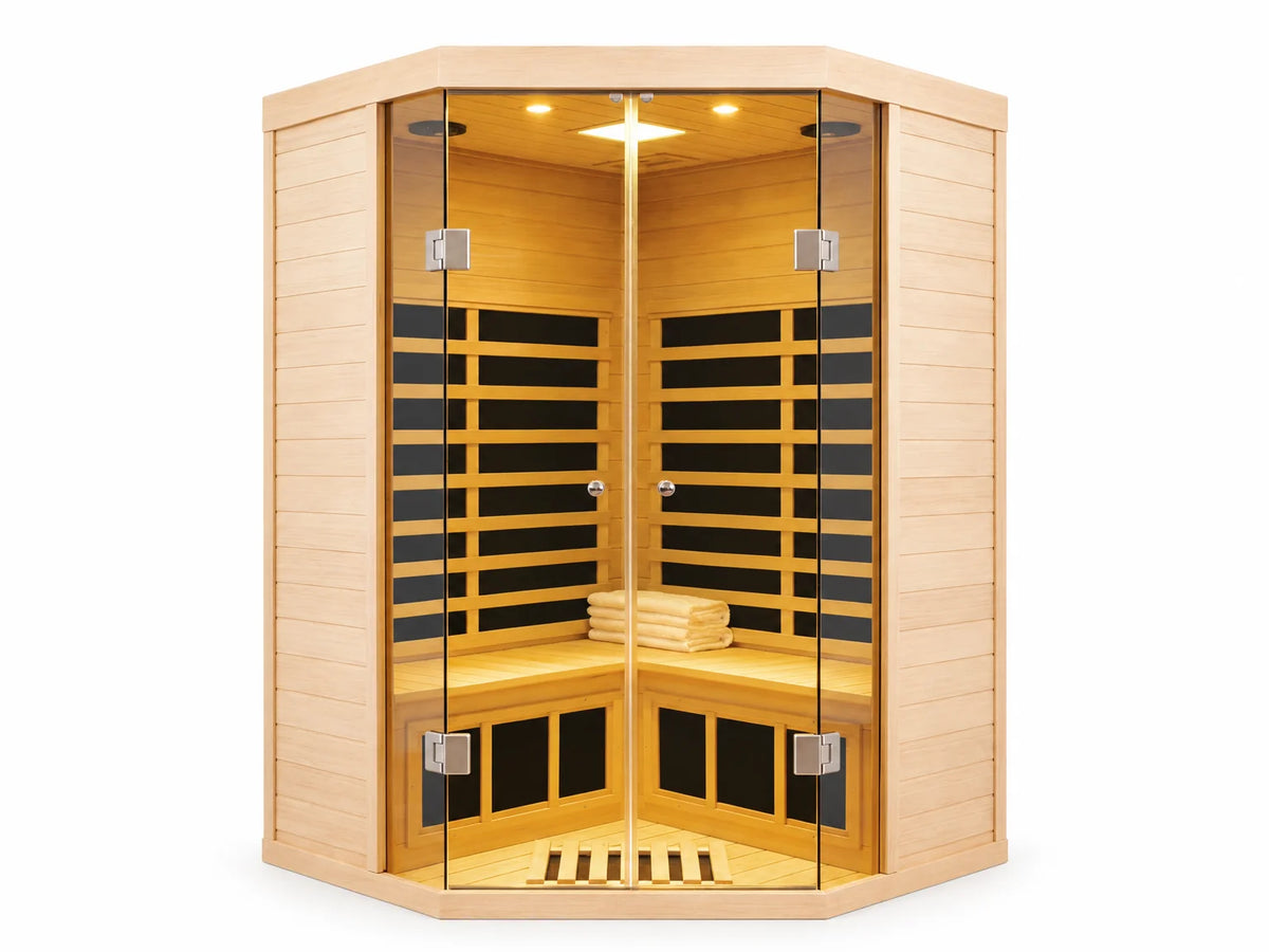 Far Infrared Sauna Designed for Home Recovery, 2-Person Corner, Hemlock Wood, 7 Heating Panels, App Control