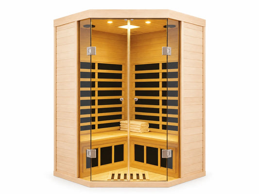Far Infrared Sauna Designed for Home Recovery, 2-Person Corner, Hemlock Wood, 7 Heating Panels, App Control