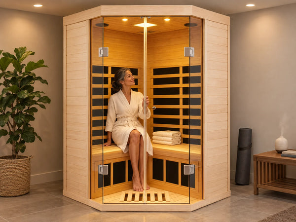 Far Infrared Sauna Designed for Home Recovery, 2-Person Corner, Hemlock Wood, 7 Heating Panels, App Control